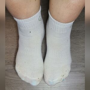 Distressed Worn White Ankle Socks with Green Smiley Face